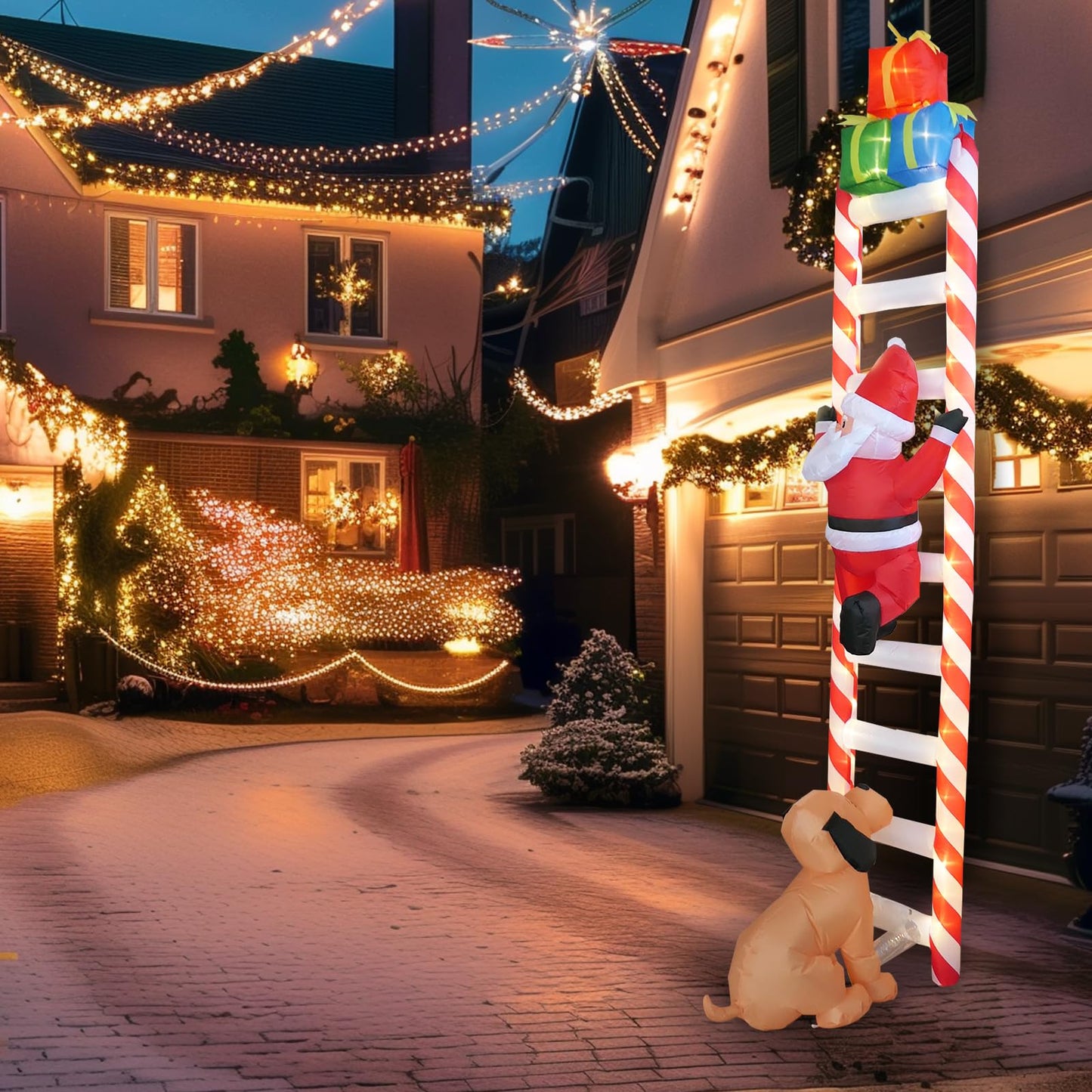 9 FT Hanging Christmas Inflatables Decorations with Led Light, Santa Claus Chased by A Dog Climbing Ladder, Funny Blow up Christmas Ornaments, Xmas Holiday Decor for Party Outdoor Yard Porch Roof