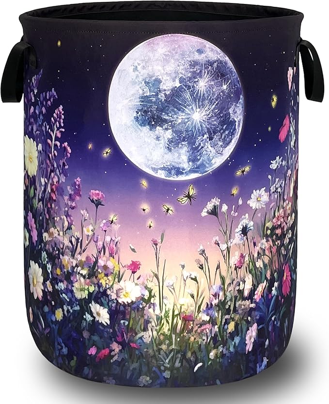 Moon Laundry Basket Oxford Cloth Night Sky Colorful Floral Butterfly Laundry