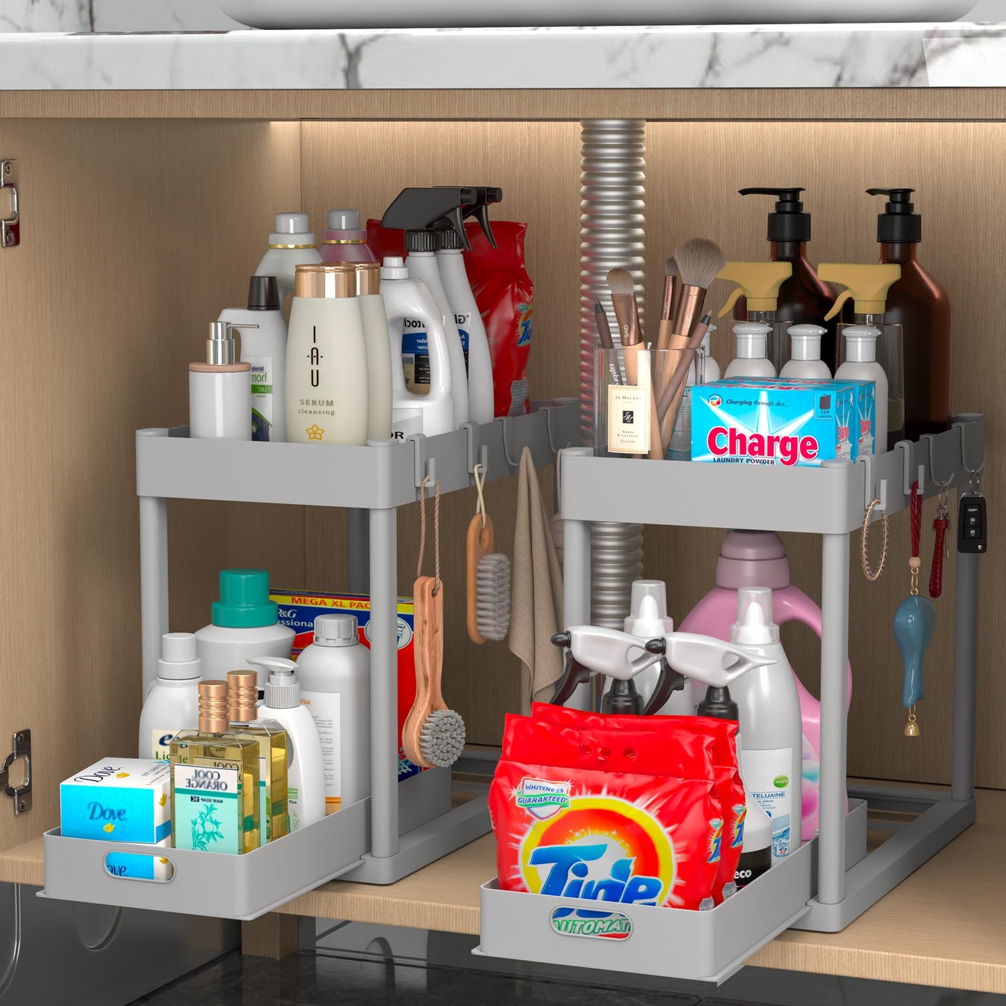 2PC Under Sink Organizer Rack 2 Tier Under Sliding Cabinet Basket Organizer Drawer with 4 Hooks, Multi-purpose Under Sink Storage for Bathroom Kitchen Desktop（Black）