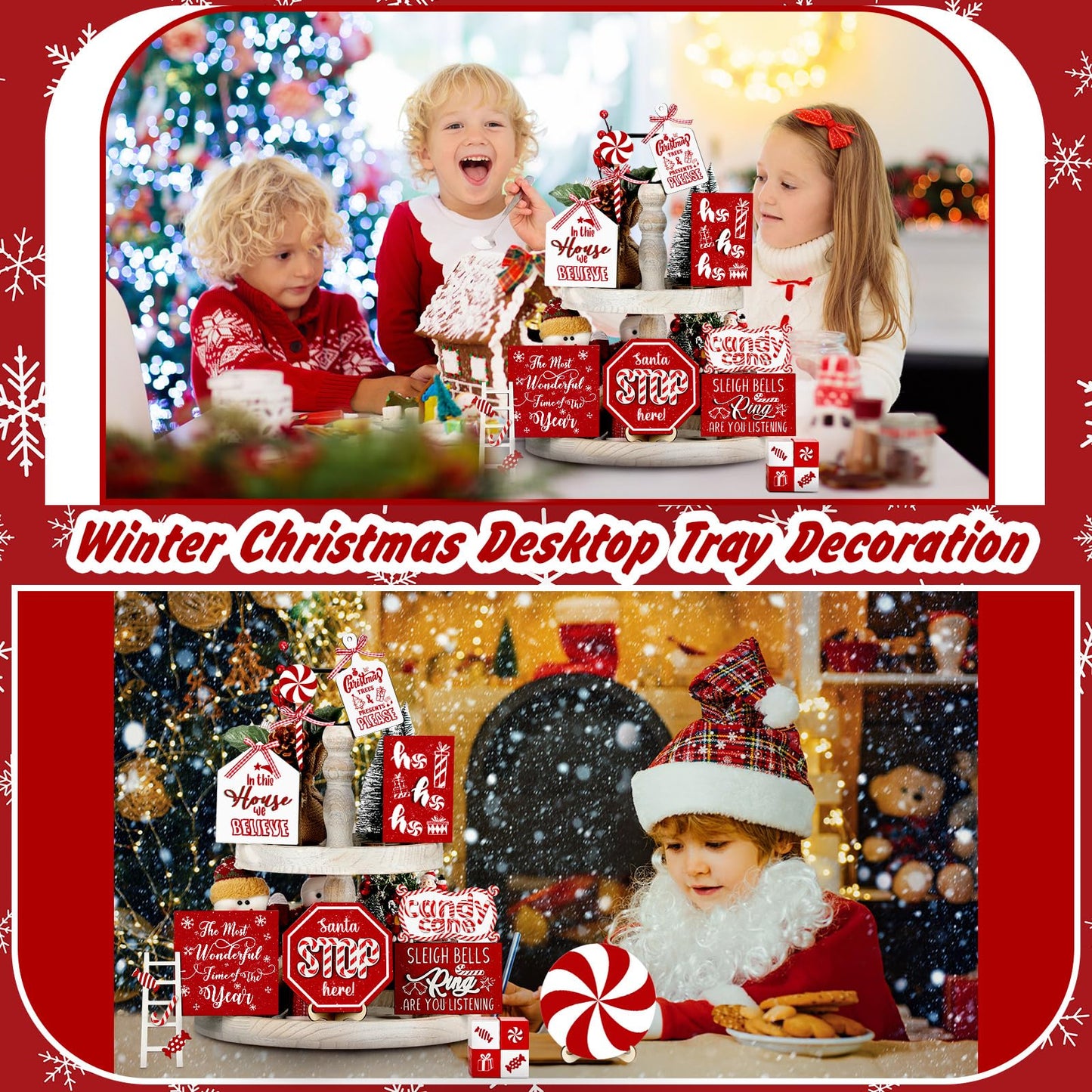 Mifoci 14 Pcs Christmas Tiered Tray Decor Rustic Christmas Decorations Snowman Santa Candy Wood Sign Xmas Table Tiered Tray Winter Farmhouse Rustic Table Decor for New Year Home Shelf Tabletop