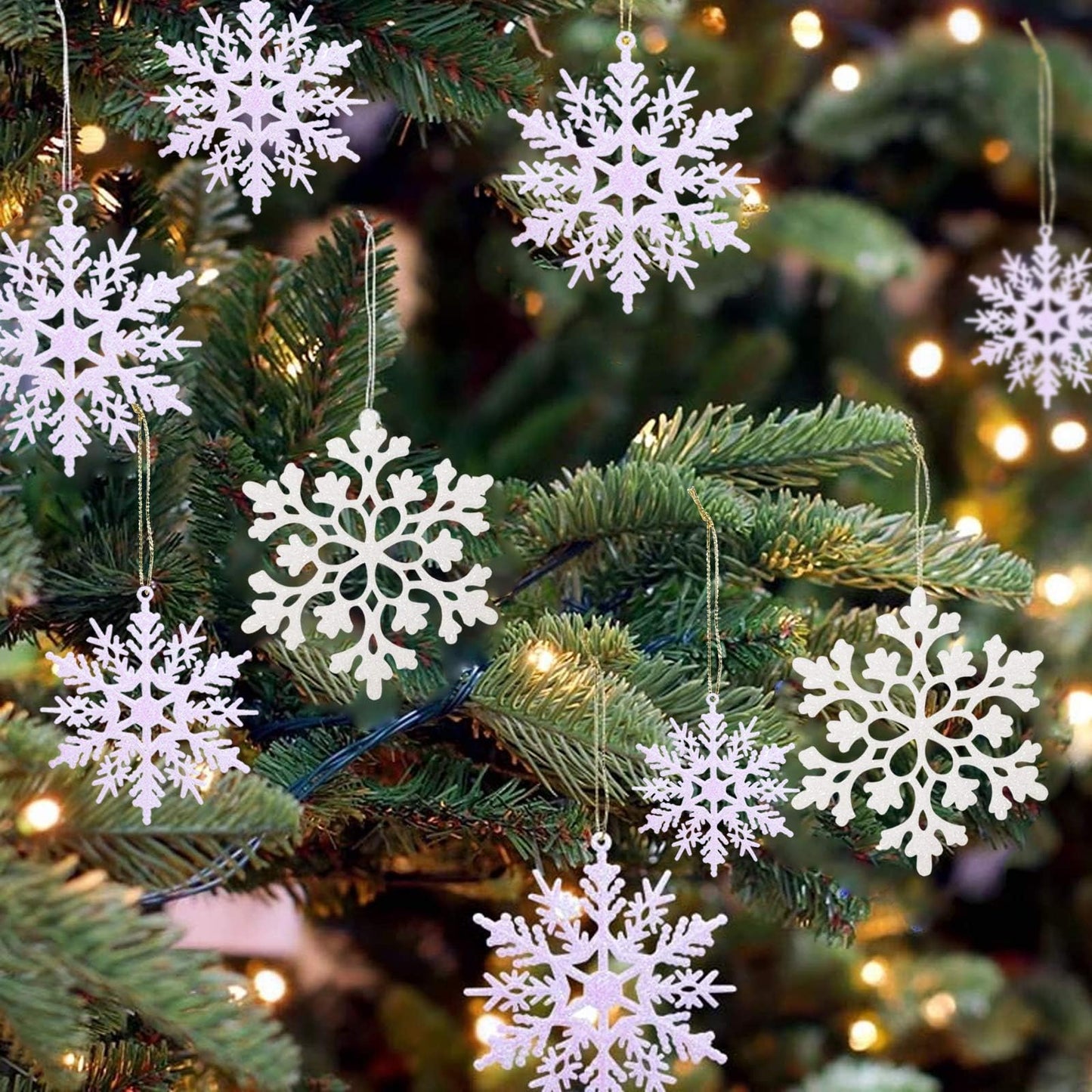 36 Pack Plastic White Snowflake Ornaments Christmas Winter Decorations, Hanging Snowflake Decorations for Winter Wonderland Christmas Tree