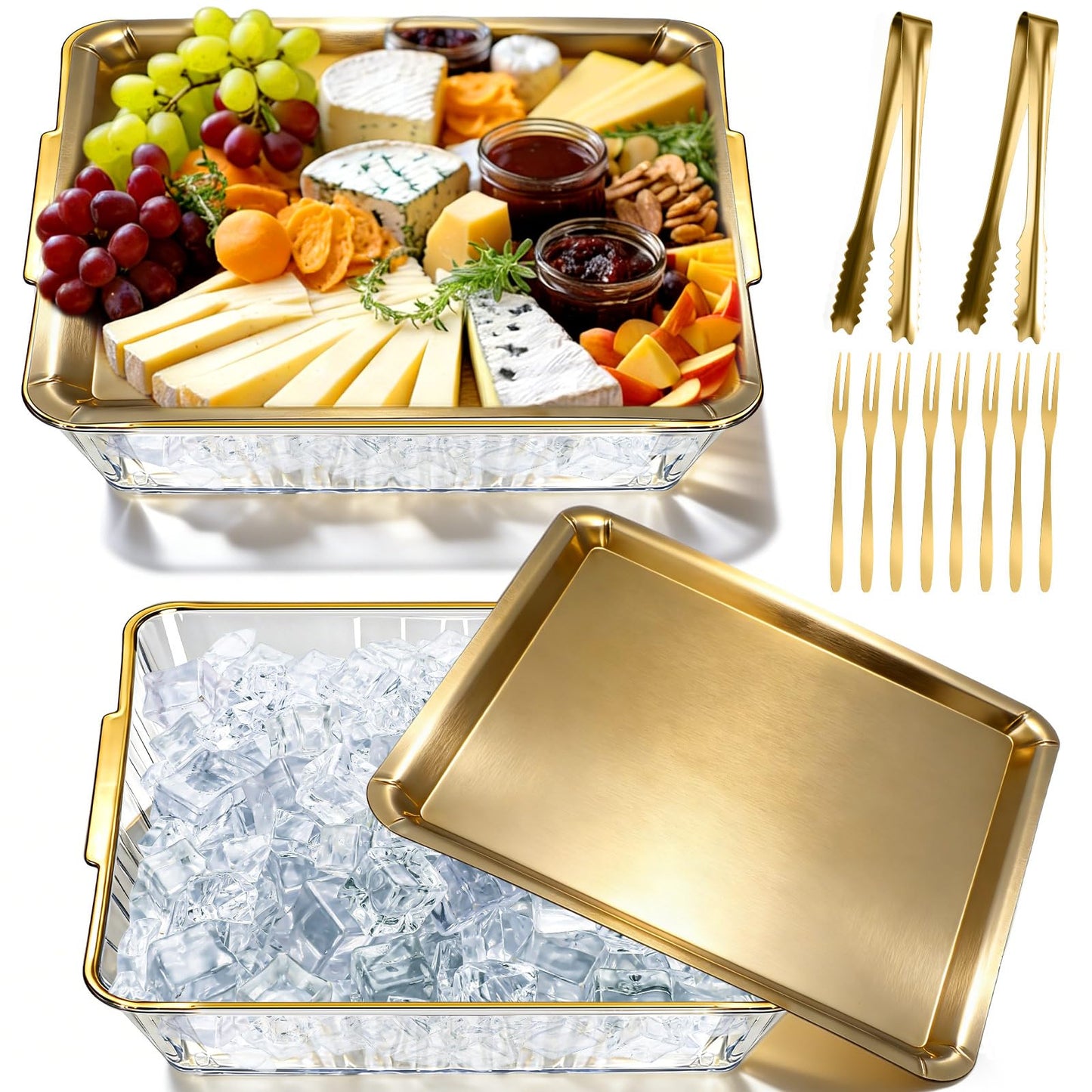 Baderke 2 Set Chilled Serving Tray for Christmas Parties Ice Chilled Party Platter Charcuterie Serving Board Cold Dish Dip with Forks Tongs for Fruit Seafood Vegetable Appetizer (11.81",Gold)