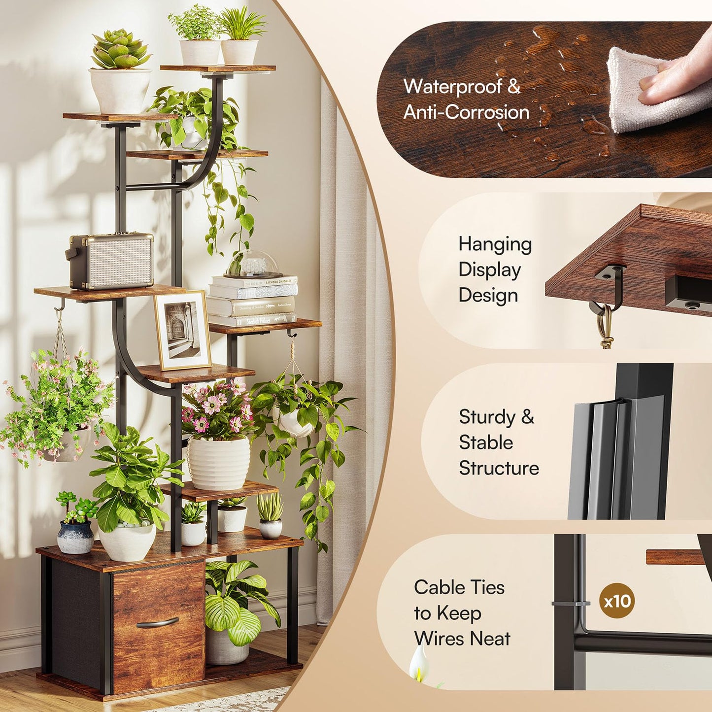 Verinch 59" Plant Stand Indoor with Grow Lights, 2PCS, 9 Tiered Plant Shelf with Drawer, Corner Plant Stands for Indoor Plants, Metal Plant Flower Display Shelf, Plant Rack for Home, Black (1)