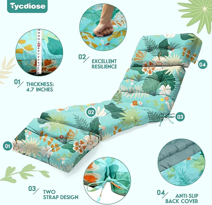 Outdoor Chaise Lounge Chair Cushion Waterproof 74.4 x 22 x 4.7 Inches Thickened