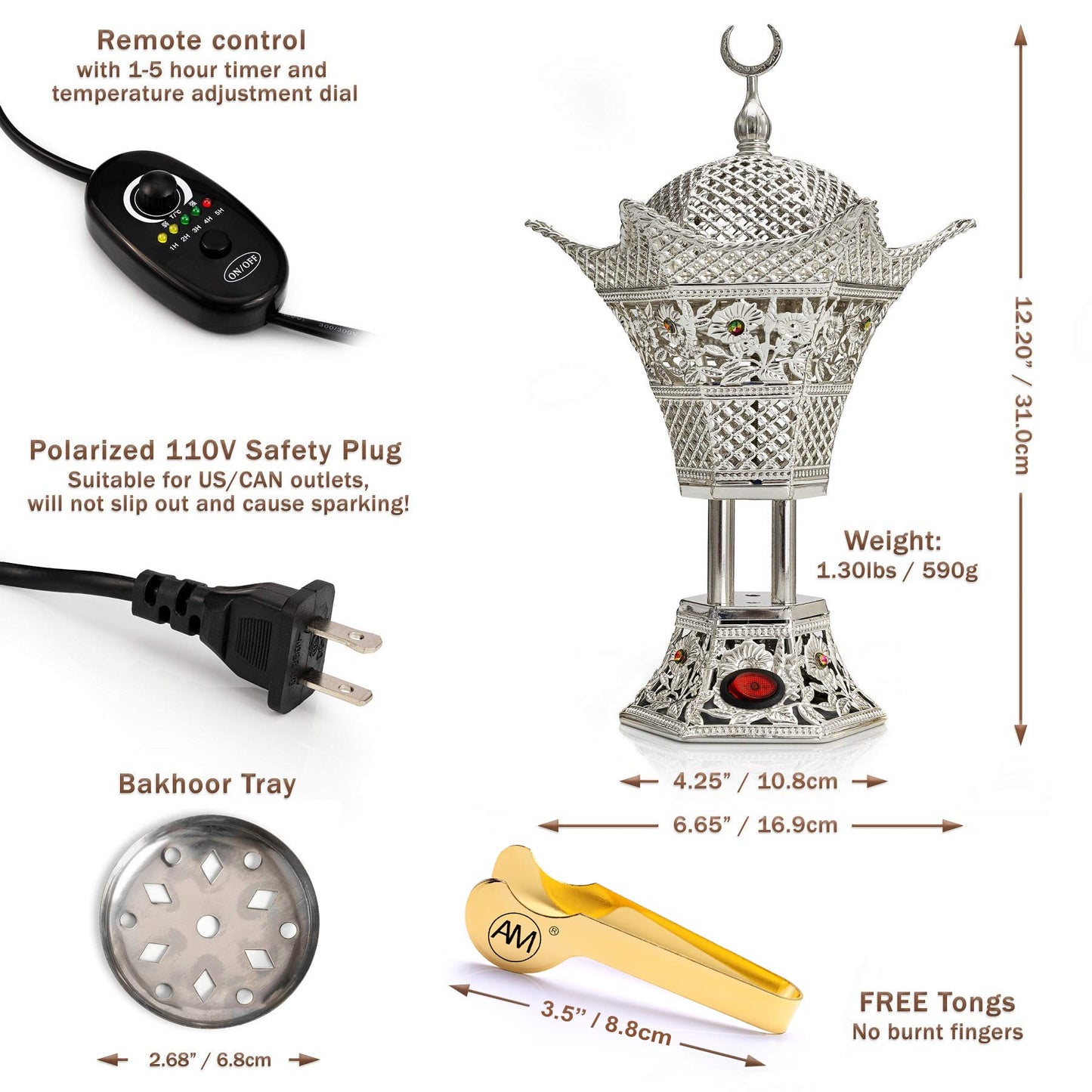 AM Regulator Electric Incense Burner – Adjustable Temperature and Timer Oud Burner for Bakhoor, Frankincense, Resin and Essential Oils - Safe Aromatherapy Burner for Home and Office (Silver)
