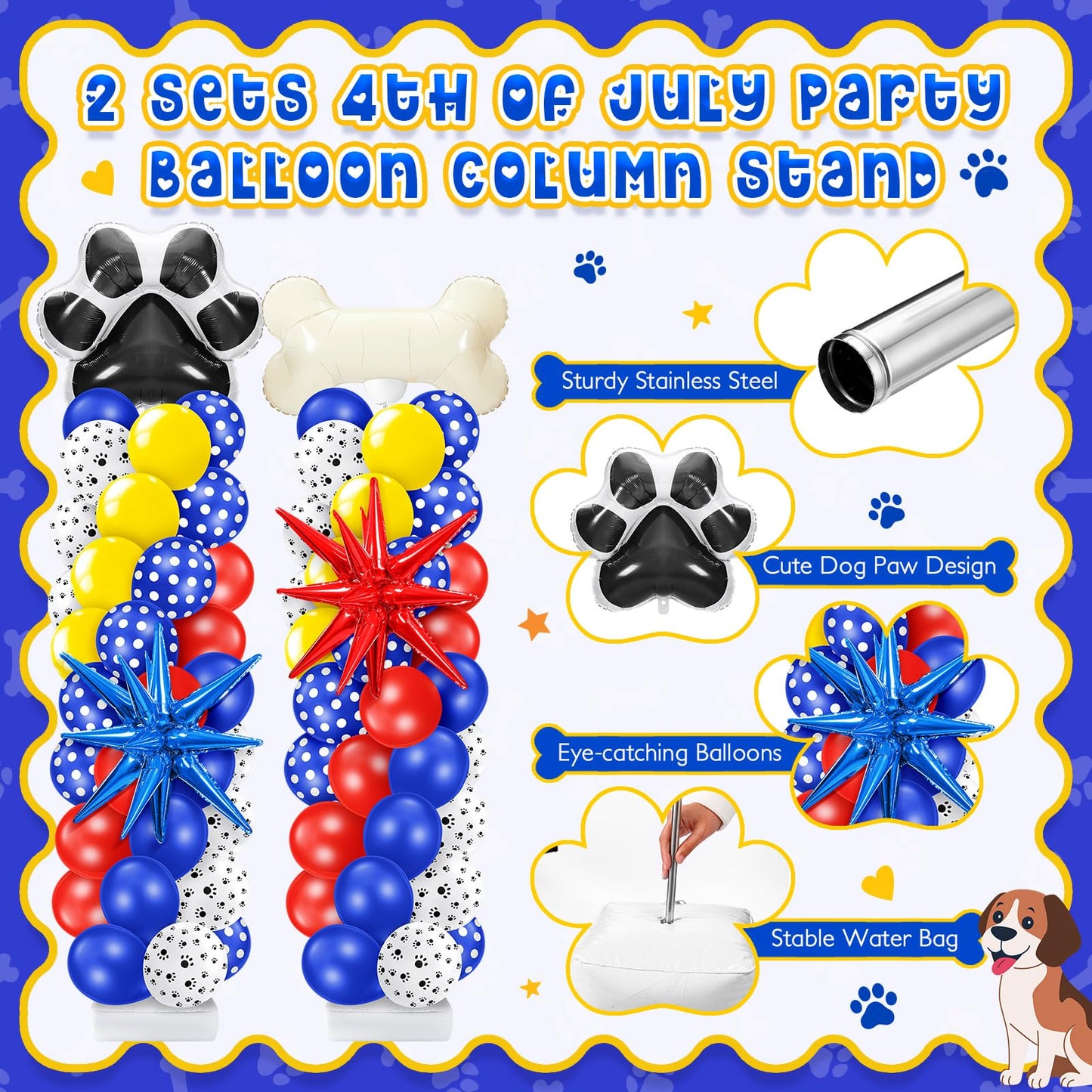 Kasyat 2 Sets Dog Paw Balloon Column Stand Kit Red Yellow Blue Paw Print Polka Dot Bone Shaped Balloon Arch Garland Kit with Stand for Dog Birthday Decorations Puppy Men
