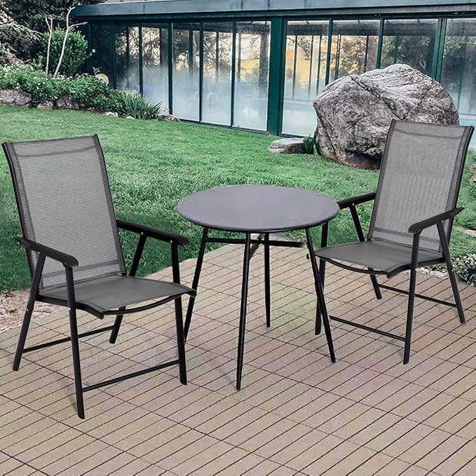 Giantex Set of 2 Patio Folding Chairs, Outdoor Chairs with Armrest, Portable Dining Chairs for Porch Camping Pool Beach Deck Lawn Garden, 2-Pack Patio Sling Chairs, Metal Frame, Grey