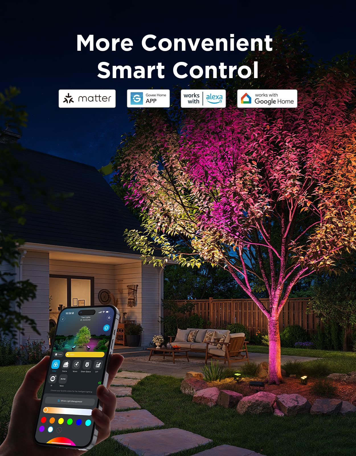 Govee Outdoor Tree Lights 3-Pack, RGBWIC LED Landscape Lighting, Outdoor Lights for Yard Garden Patio, 66 Scene Modes for Holiday Party and Event, App Control, Google Assistant, Matter