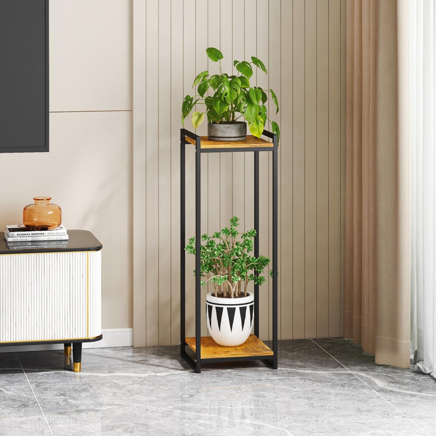 yeavs 2-Tier Plant Stand Indoor, 34" Tall Modern Plant Shelf Corner Flower Pot Holder Organizer for Living Room Balcony Garden, Rustic Brown