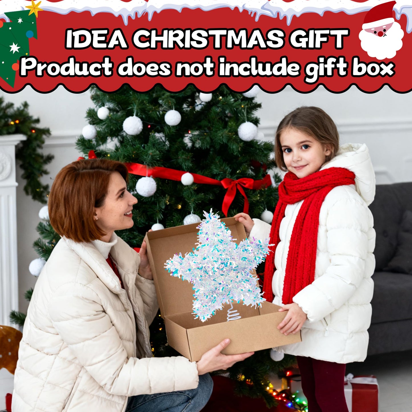 Joytry Christmas Tree Topper Star Iridescent Tinsel Star Tree Topper 10 Inch Lighted Tree Topper Battery Operated Christmas Tree Decoration for Holiday Indoor Decoration Warm White Light