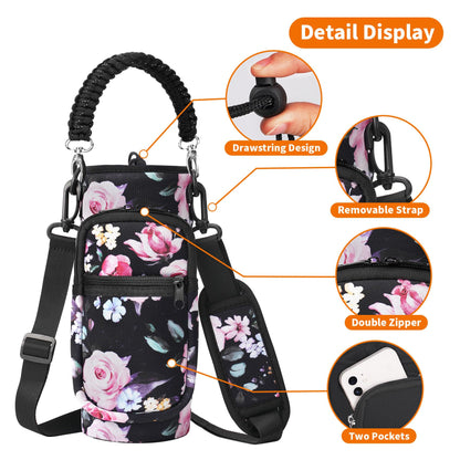 AceTreker Water Bottle Sleeve, 32 oz 40 oz Water Bottle Carrier with Strap & Paracord Handle, Neoprene Insulated Bottle Holder Sling Bag with Phone Pocket for Walking Hiking Sport-Black Flower