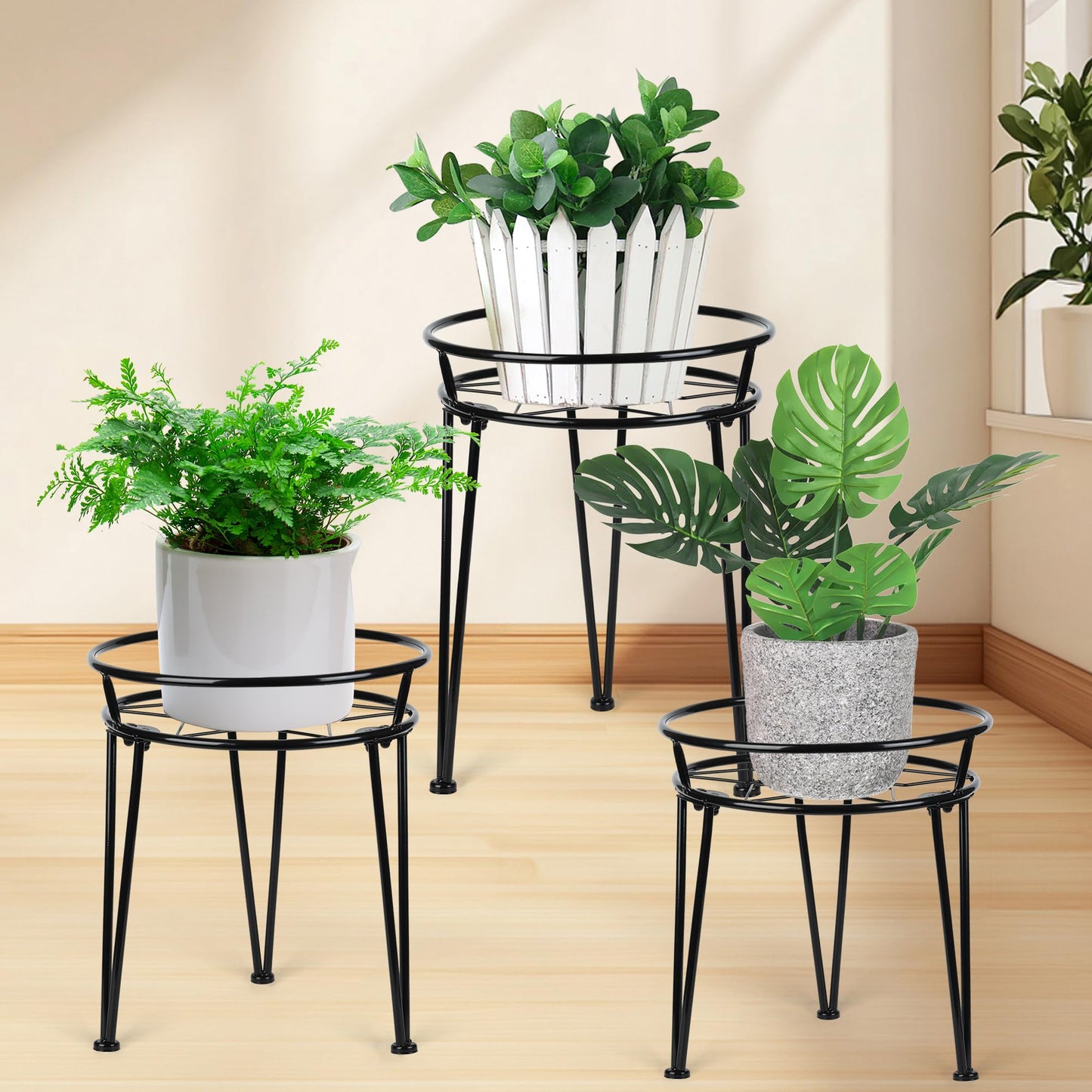 Jvtoo Metal Plant Stand, Plant Stand Indoor Outdoor, Metal Rustproof Flowers, Urban and Rustic Outdoor Plants Stands, Flower Pot Stand Suitable for Living Room, Balcony, Garden (3PCS,Black)