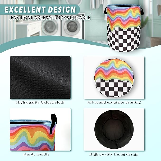Rainbow Grey White Plaid Laundry Hamper Colorful Hippie Funny Laundry Basket