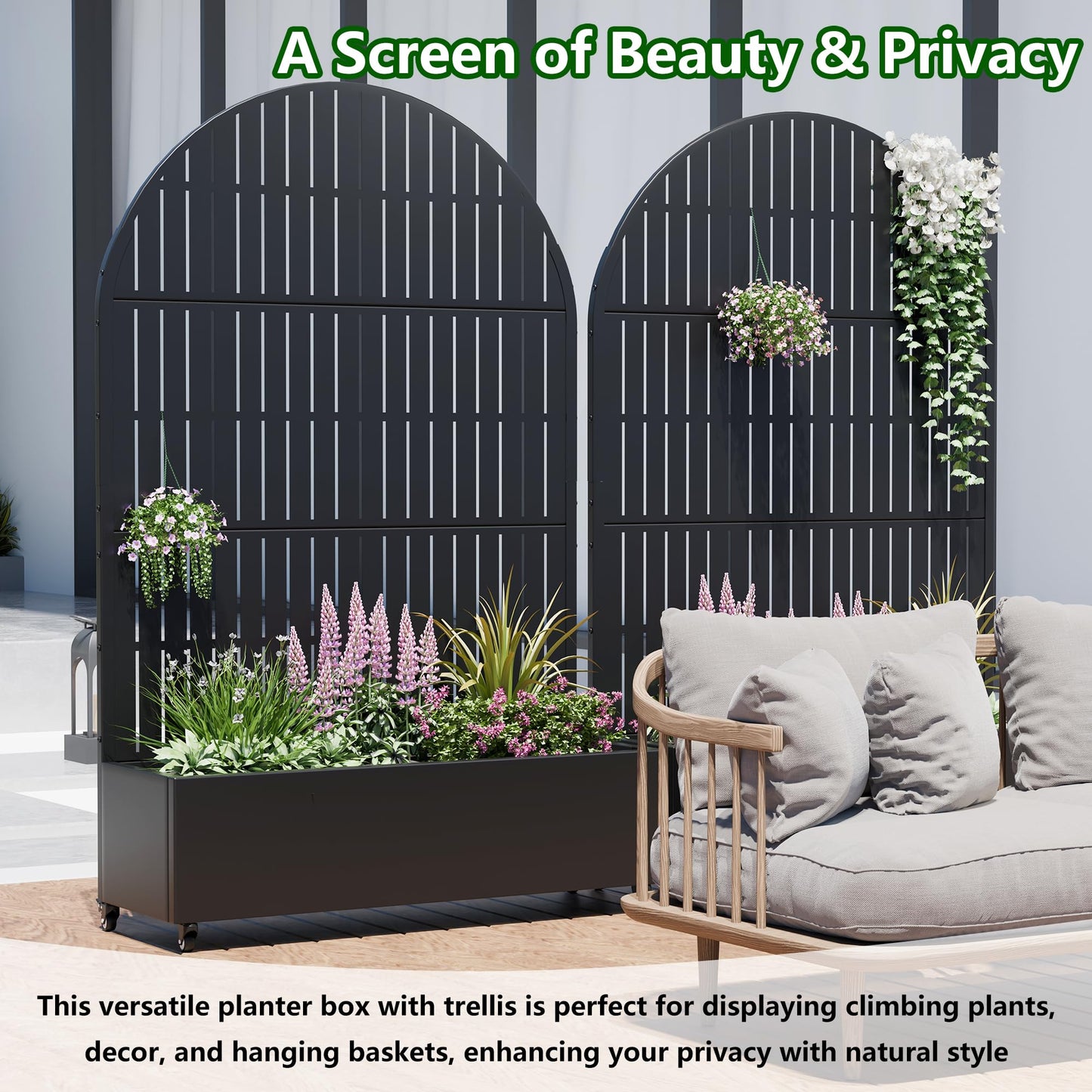 Casaphoria Raised Garden Bed Metal Planter Box with Trellis, 72"x47"x16" for Outdoor Climbing Plants, Flowers Vegetables and Vines Privacy Screen with Wheels and Drainage Holes(Black Vertical)
