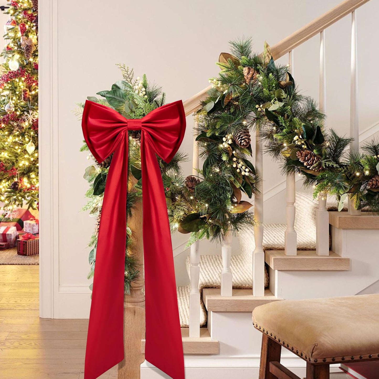Iceyyyy 52.2 x 15.5 Inch Christmas Tree Topper Red Satin Bows,Double Layer Extra Large Tree Topper Ornament Bow,Giant Red Christmas Tree Bow for Indoor Outdoor Holiday Party Home Decor
