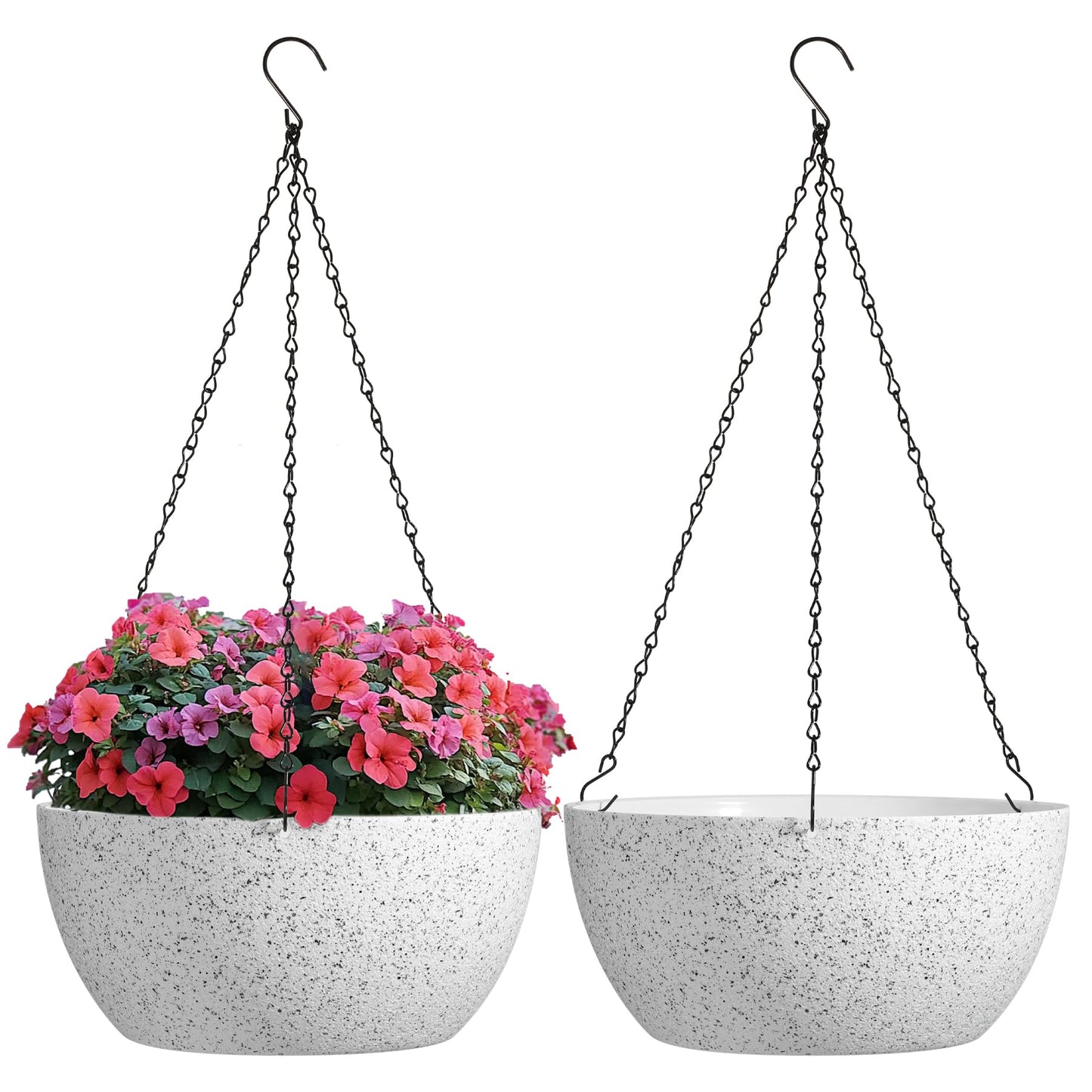 T4U Plastic Hanging Baskets 2-Pack - 12 Inch Large Hanging Flower Planter with Drainage Hole for Indoor Outdoor Plants, Round Plant Pot for Home Garden Porch Balcony Patio Decor (White)