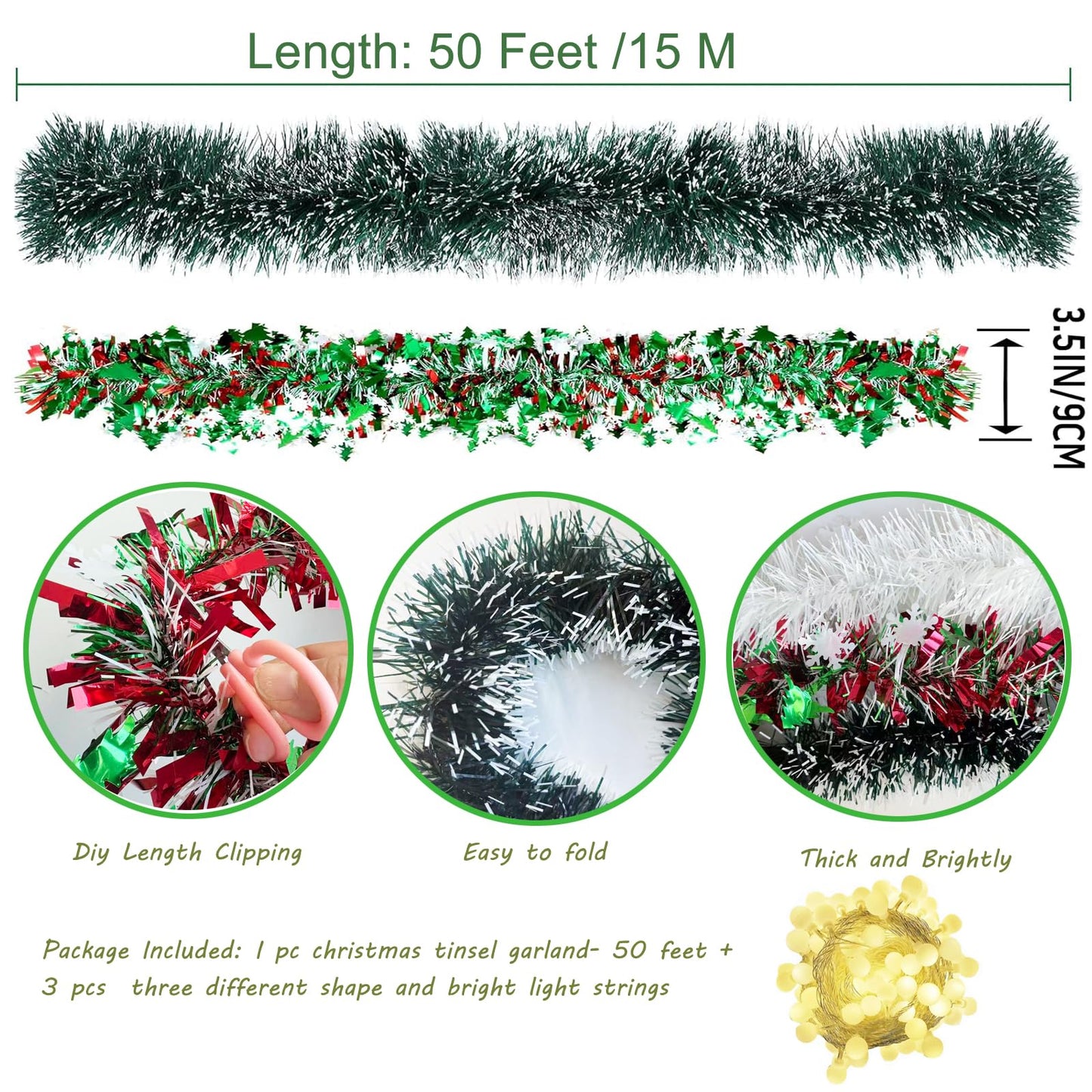 LKBBC Christmas Tinsel Garland with Light, 50 FT Metallic Tinsel Twist Garland Shiny Hanging Decor for Home Window Fireplace Indoor Outdoor, Xmas Ornaments Christmas Tree Decoration,Green Red