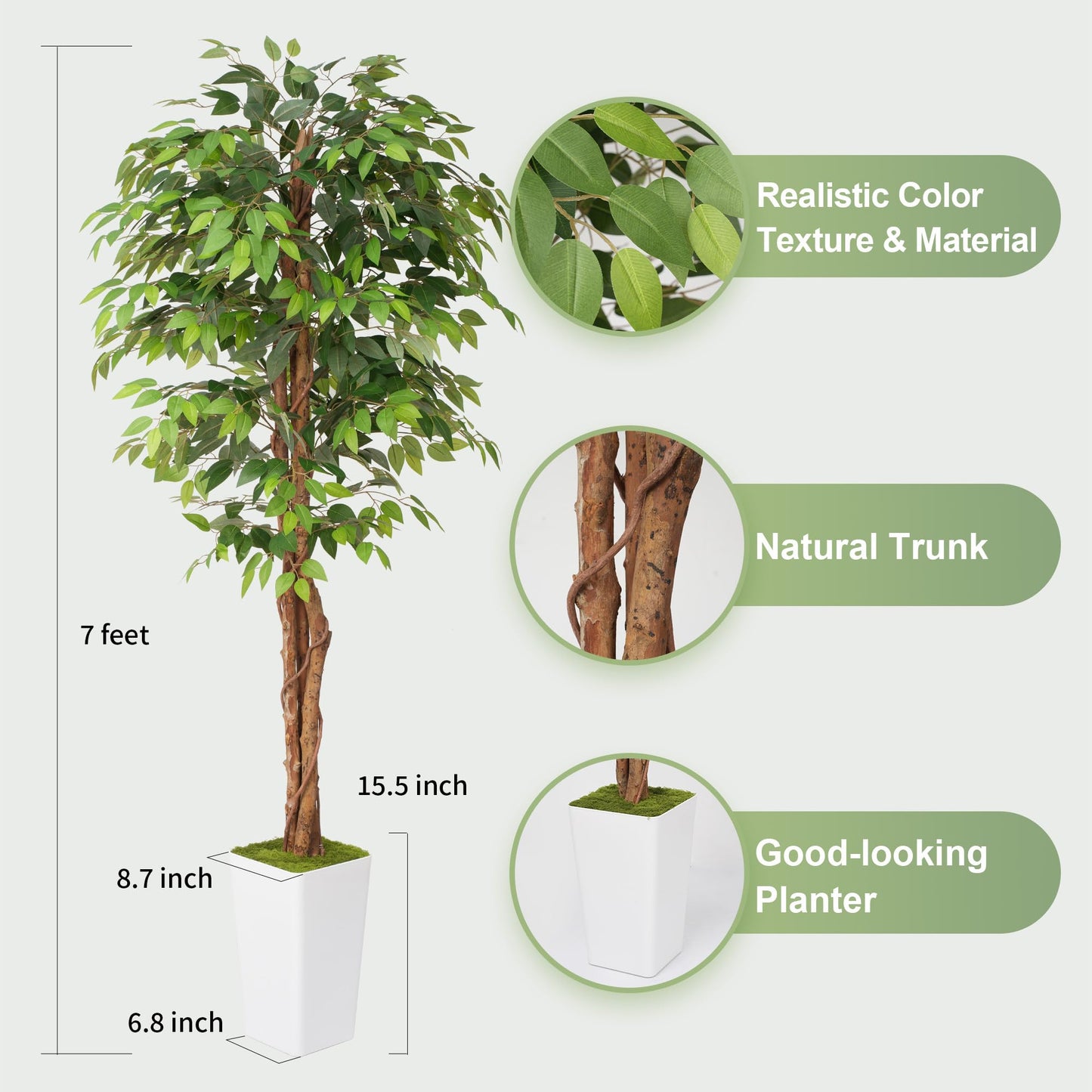 Waoops Artificial 7Ft Ficus Silk Tree with Tall Planter - Faux Plants Indoor with Natural Wood Trunk - Large Tall Fake Plants for Home Office Living Room Patio Decor