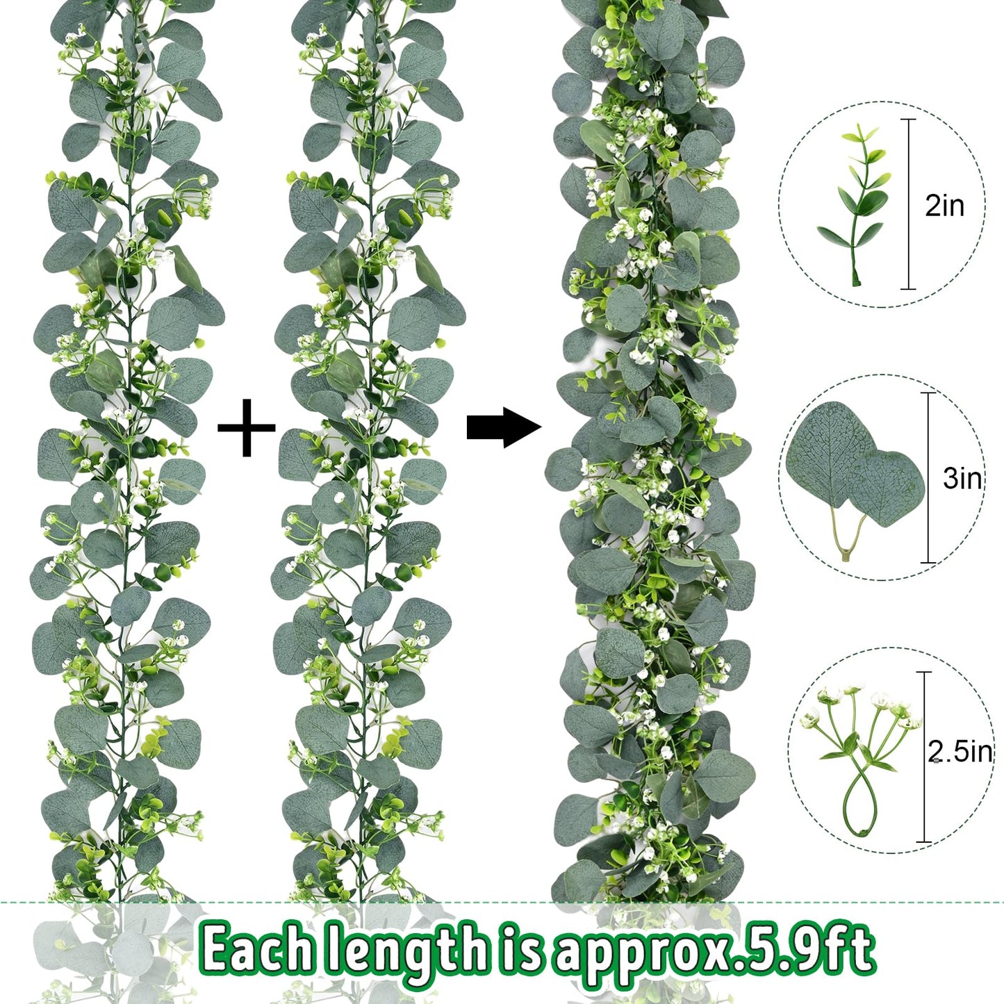 Waipfaru 2Pcs Eucalyptus Garland, 5.9FT Greenery Garland, Green Garland with Flowers, Artificial Faux Silver Dollar Eucalyptus Leaves Vines for Table Home Wedding Mantle Party Indoor Outdoor Decor