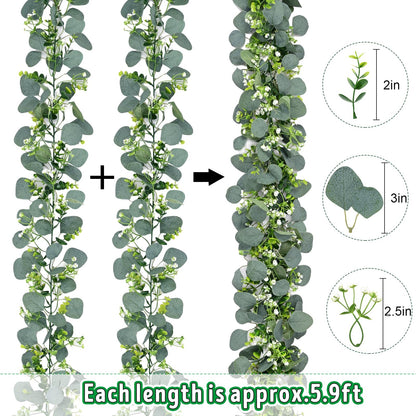 Waipfaru 2Pcs Eucalyptus Garland, 5.9FT Greenery Garland, Green Garland with Flowers, Artificial Faux Silver Dollar Eucalyptus Leaves Vines for Table Home Wedding Mantle Party Indoor Outdoor Decor