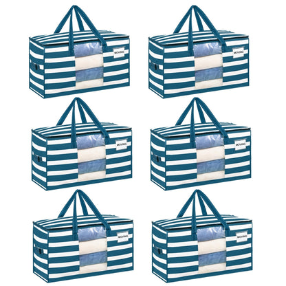 VENO 6 Pack Heavy Duty Moving Bags, Clothes and Comforter Storage Bags with Clear Window, College Dorm Essentials Packing Supplies, Foldable Boxes Alternative (Classic Navy Stripe, 6 Pack)
