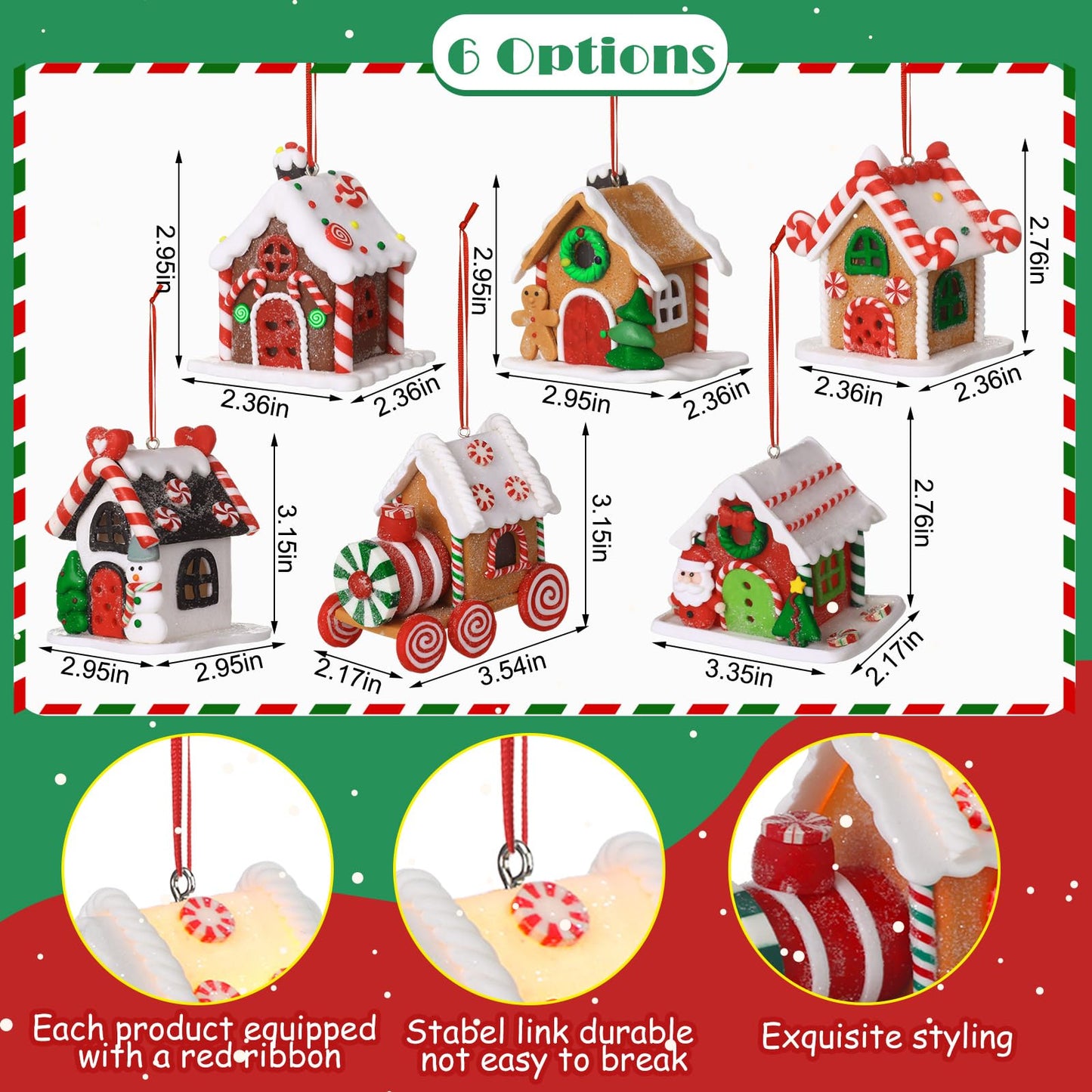 Funtery 6 Pcs Gingerbread House Ornaments for Christmas Tree Gingerbread Christmas Decor with Rope Xmas Hanging Ornaments for Tree Holiday Party New Year Home Decorations (Lovely Style)
