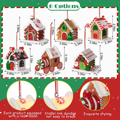 Funtery 6 Pcs Gingerbread House Ornaments for Christmas Tree Gingerbread Christmas Decor with Rope Xmas Hanging Ornaments for Tree Holiday Party New Year Home Decorations (Lovely Style)