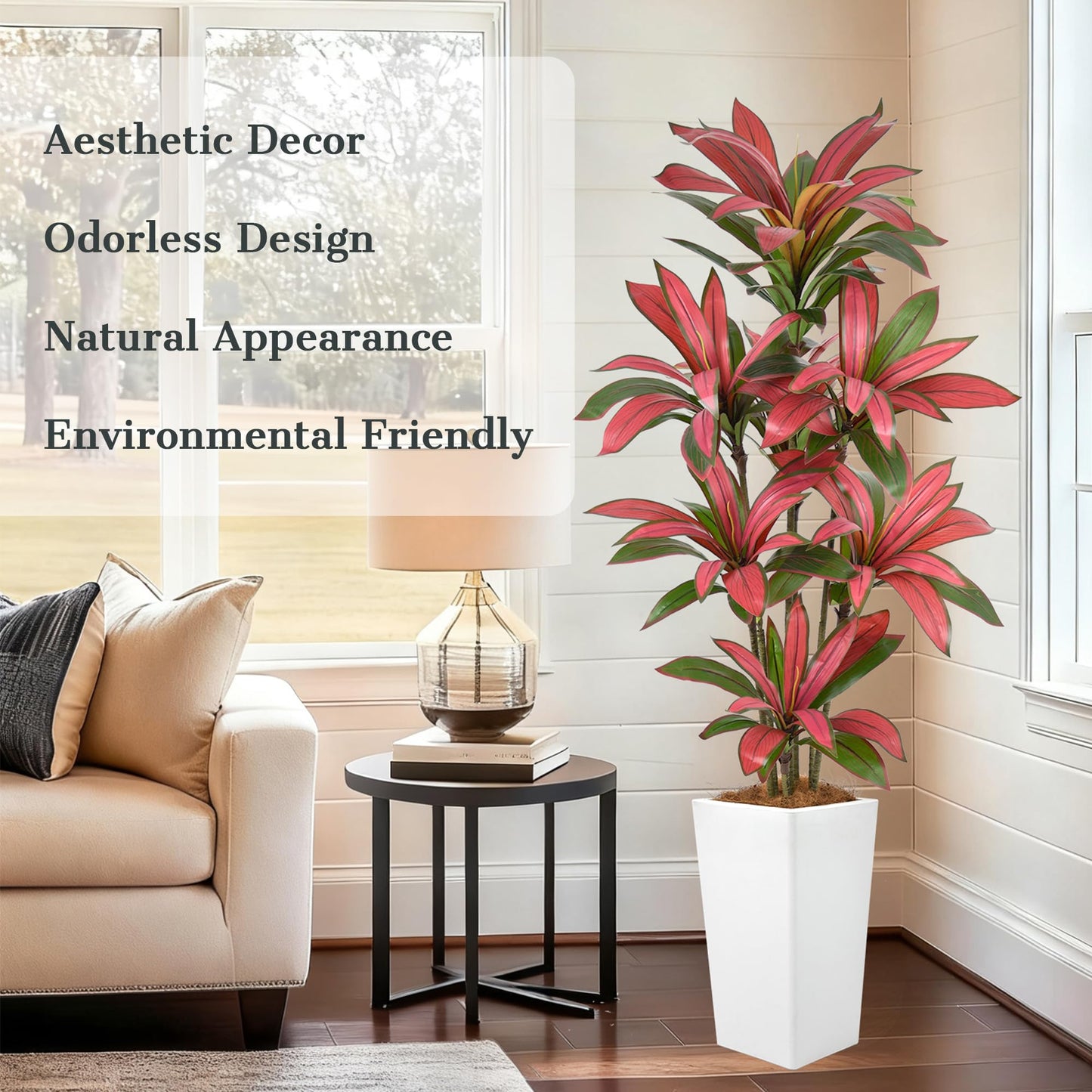6FT Artificial Dracaena Tree - 72in Faux Dracaena Tree with White Planter, Realistic Trunk & Lifelike Red Foliages, Tall Fake Tropical Floor Plant Potted for Home Office Living Room Indoor Decor