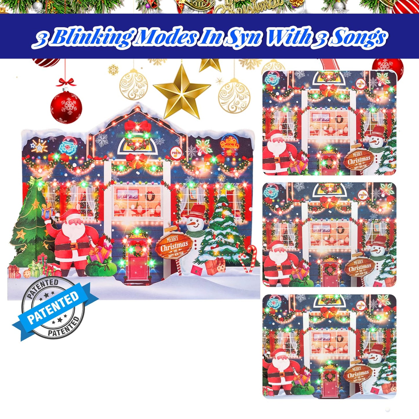 MZD8391 3D Pop Up Christmas Cards with Music and Lights, Animated Christmas Gift Card, Playing 3 Songs with 3 Matching Lights Blinking Modes (Envelope Included)