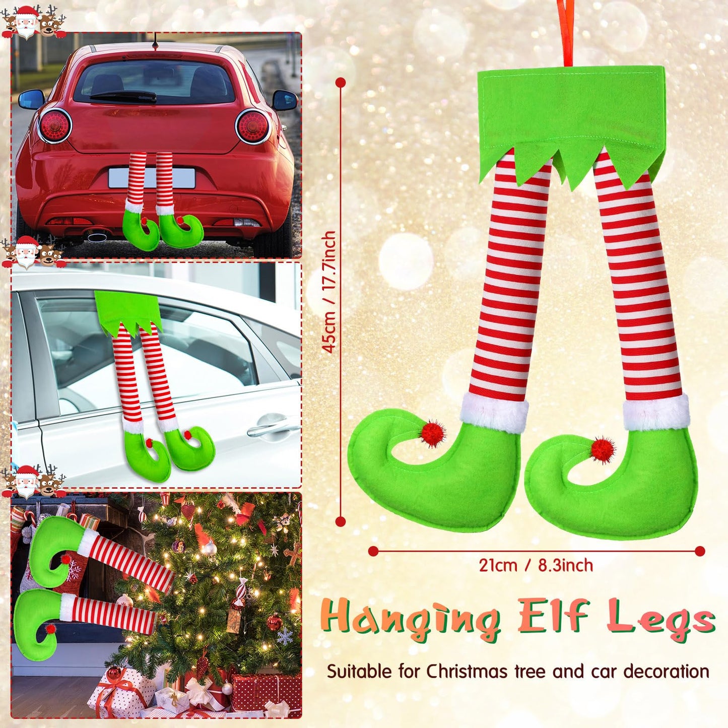 2 Pieces Car Reindeer Antler Kit Christmas Decorations with LED Lights Hanging Santa Claus Legs and Deer Nose Star Candy Canes Auto Accessories for Christmas Car Decorations(Striped Style)