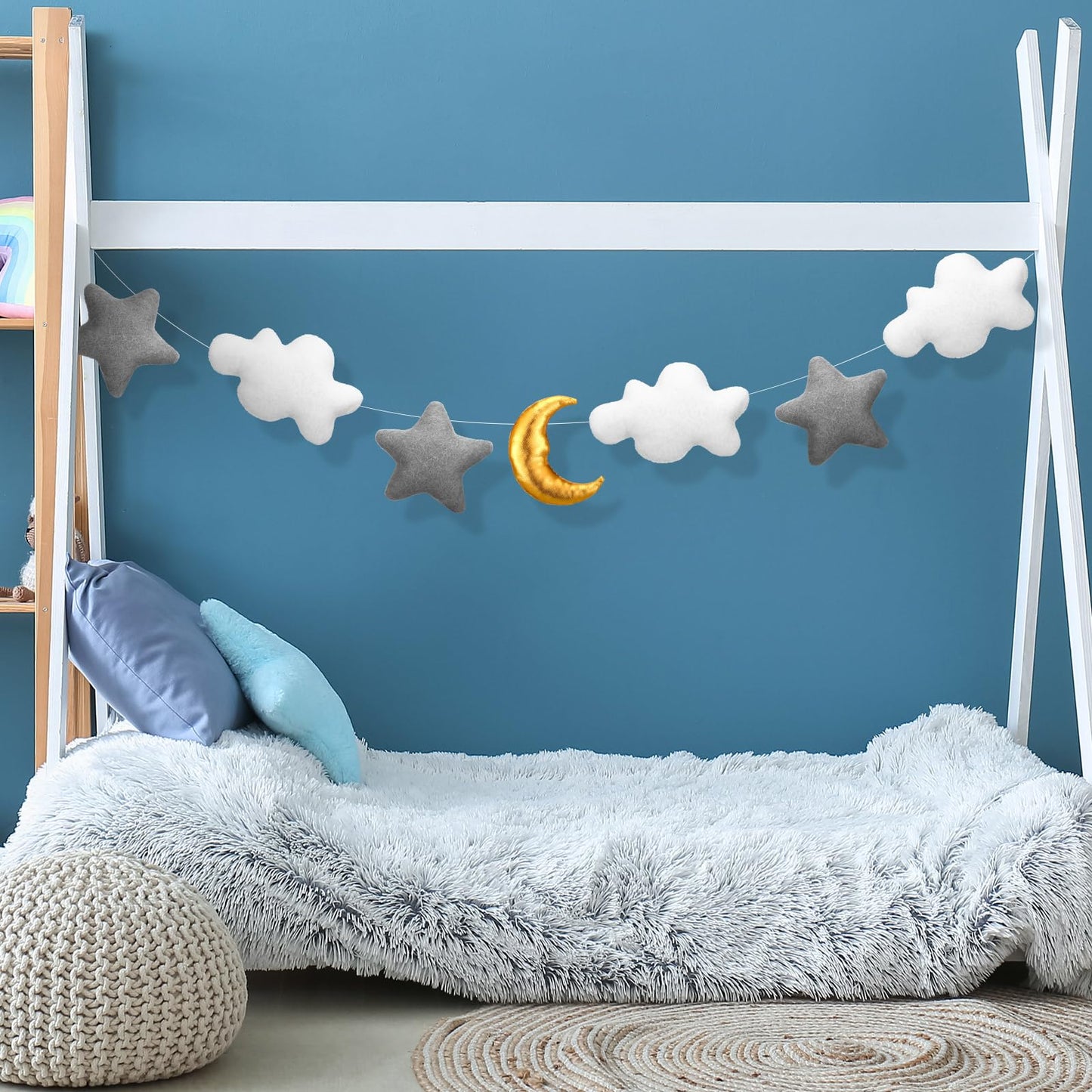 XunYee 5ft 3D Felt Cloud Decorations Hanging with Moon and Stars over The Moon Baby Shower Nursery Decor Cloud Wall Hanging Banner Garland for Wedding Gender Reveal Baby Shower Birthday Party