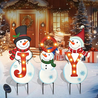 Christmas Outdoor Yard Signs Decorations, LED Solar Metal Garden Stake Lights with Joy for Patio Lawn Christmas Decor (Snowman Family)