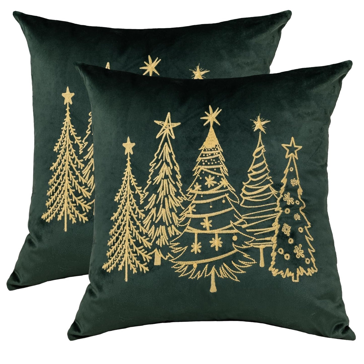 GEEORY Green Velvet Embroidered Christmas Tree Pillow Covers 18x18 Inch Set of 2, Xmas Decorations Farmhouse Winter Holiday Decor Cushion Case for Sofa & Bed GX006-18