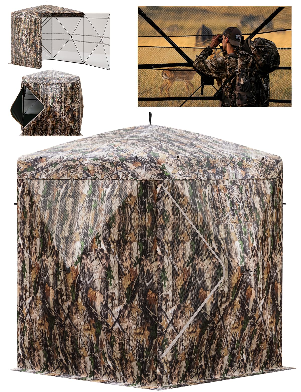 270° Camouflage Hunting Blind Portable Pop-Up Tent with Shoot-Through Mesh, Waterproof Ground Blind for Deer Hunting, 2-3 & 3-4 Person Capacity & Carry Bag (3-4 Person)