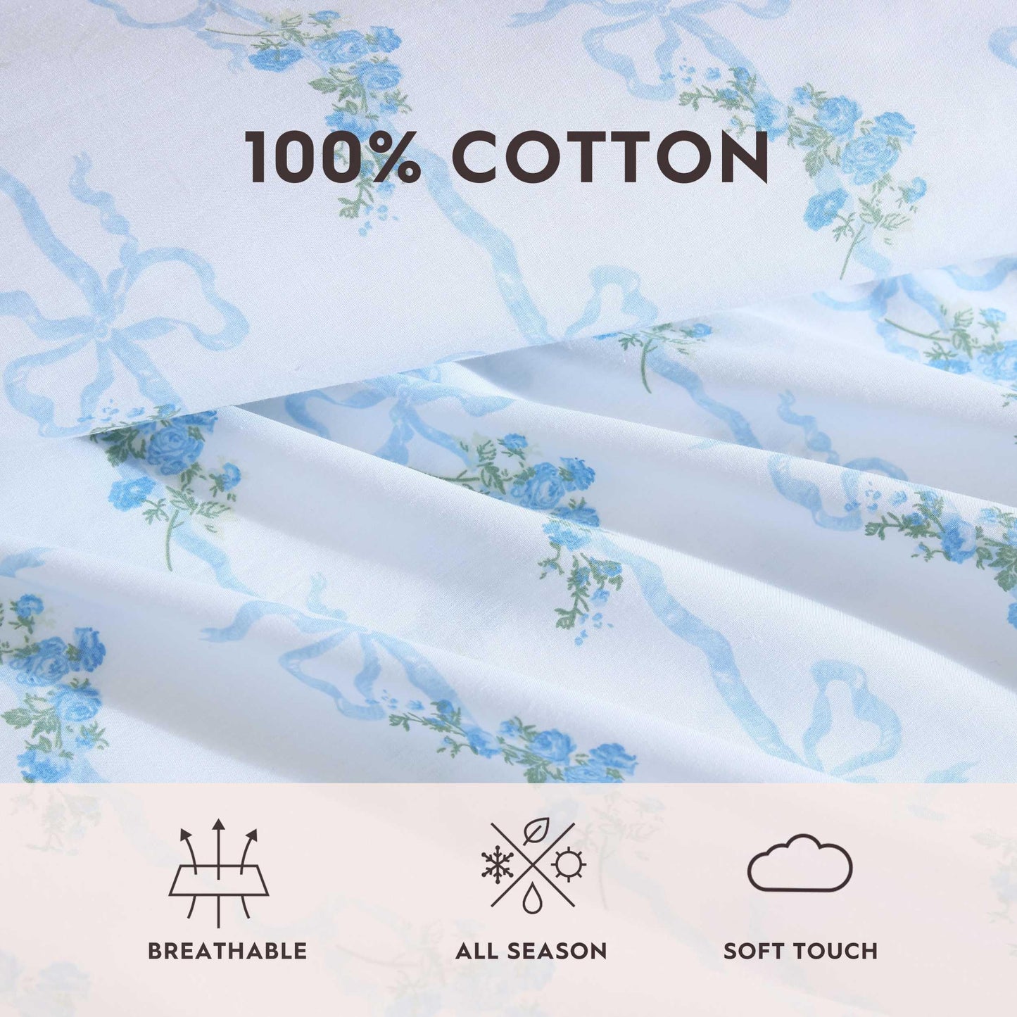 Laura Ashley - King Sheet Set, Soft & Breathable Cotton Percale Bedding with Deep Pocket, 200 Thread Count, Bed Sheets with Fitted Sheet & Matching Pillowcases (Floral Ribbon Blue)