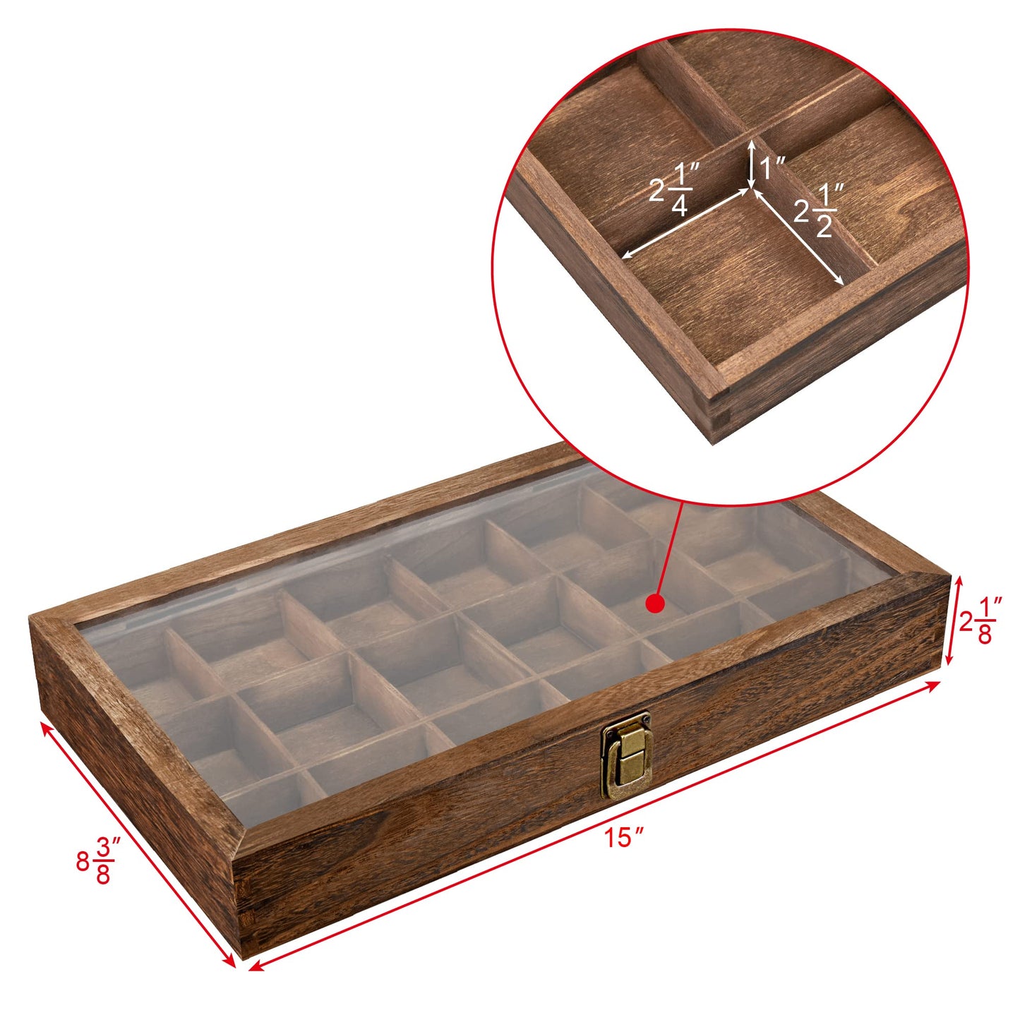 MOOCA Wooden Jewelry Display and Beads Display Storage Case with Tempered Glass Lid , 18 Compartments, 15" W x 8 3/8" L x 2 1/8" H, Brown Color