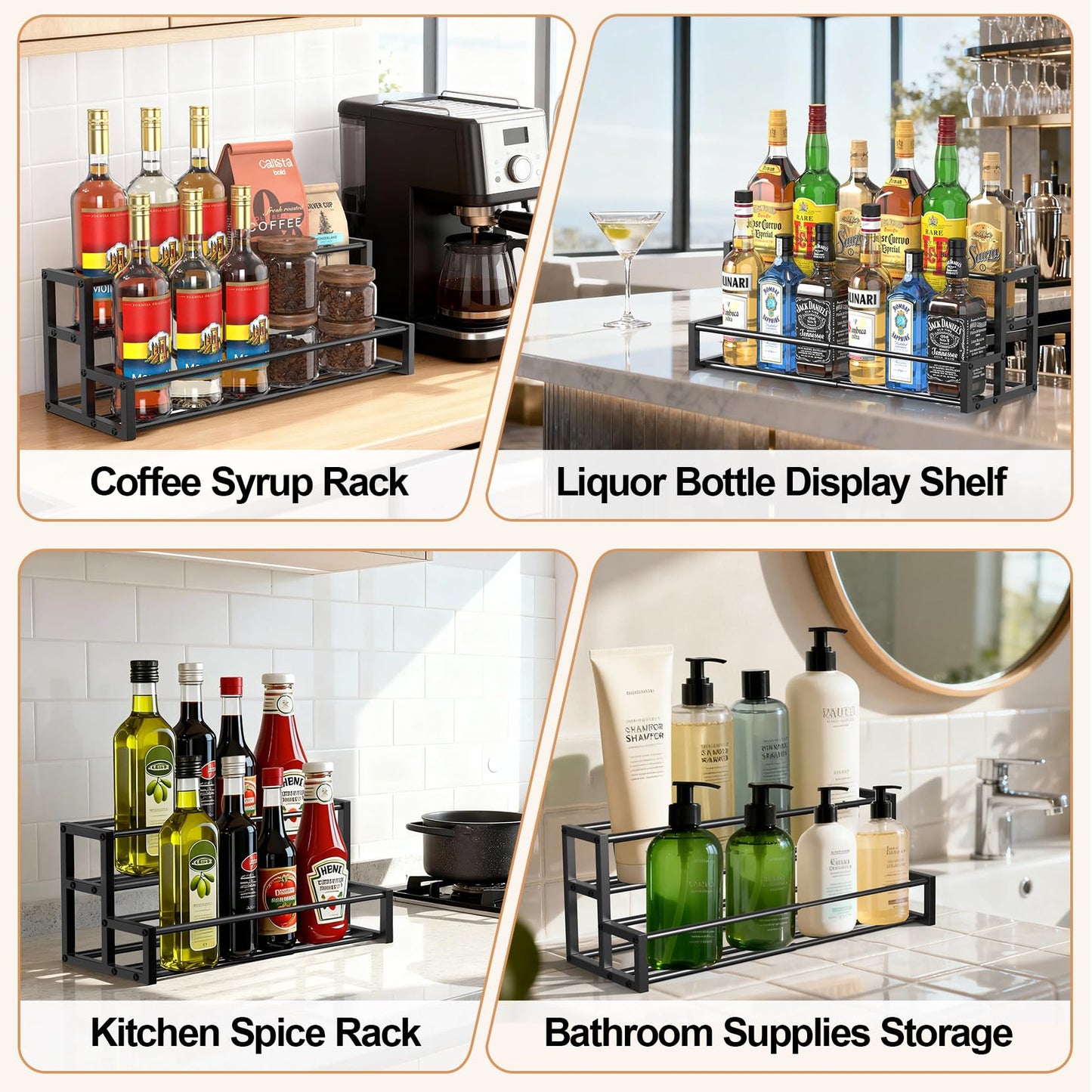 HHOKEM Expandable Coffee Syrup Organizer, Heavy Duty Syrup Rack Enlarged 6-12 Bottles Syrup Stand for Coffee Bar Accessories, Width Adjustable Space-Saving Storage Coffee Rack for Syrup, Wine