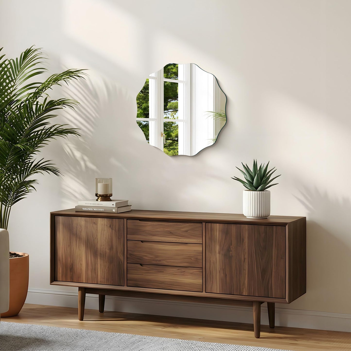 CILIBER Frameless Wavy Round Mirror, 18'' Scalloped Circle Wall Mirror, 3mm Tempered Glass Decorative Bathroom Vanity Mirror, Mounting/Leaning for Mantel, Living Room, Bedroom and Entryway