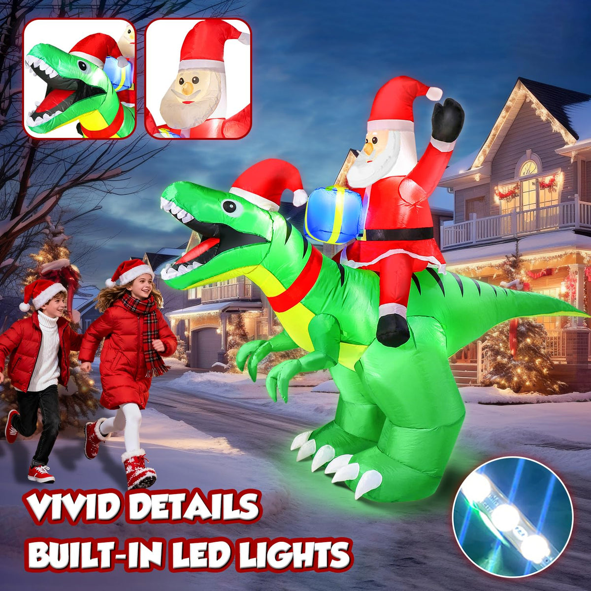 9x7FT Christmas Inflatables Santa Ride on Dinosaur with LED Outdoor Christmas Dinosaur Inflatable Blow Up Yard Decorations with Sandbags Stakes Strings for Garden Decor