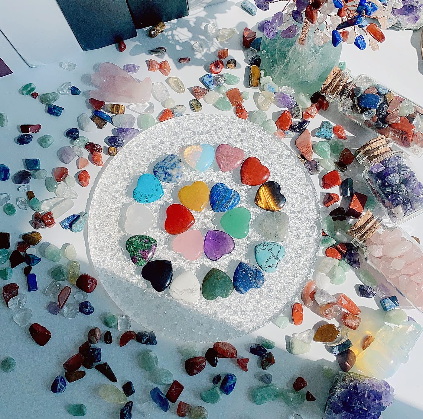 Bundle of 20 PCS Crystals Wands and 20 PCS Natural Heart Crystals Healing Crystal Palm Pocket Stones Polished Love Shaped Gemstones Rose Quartz Amethyst Assorted Set Bulk Wholesale Reiki Energy Balanc