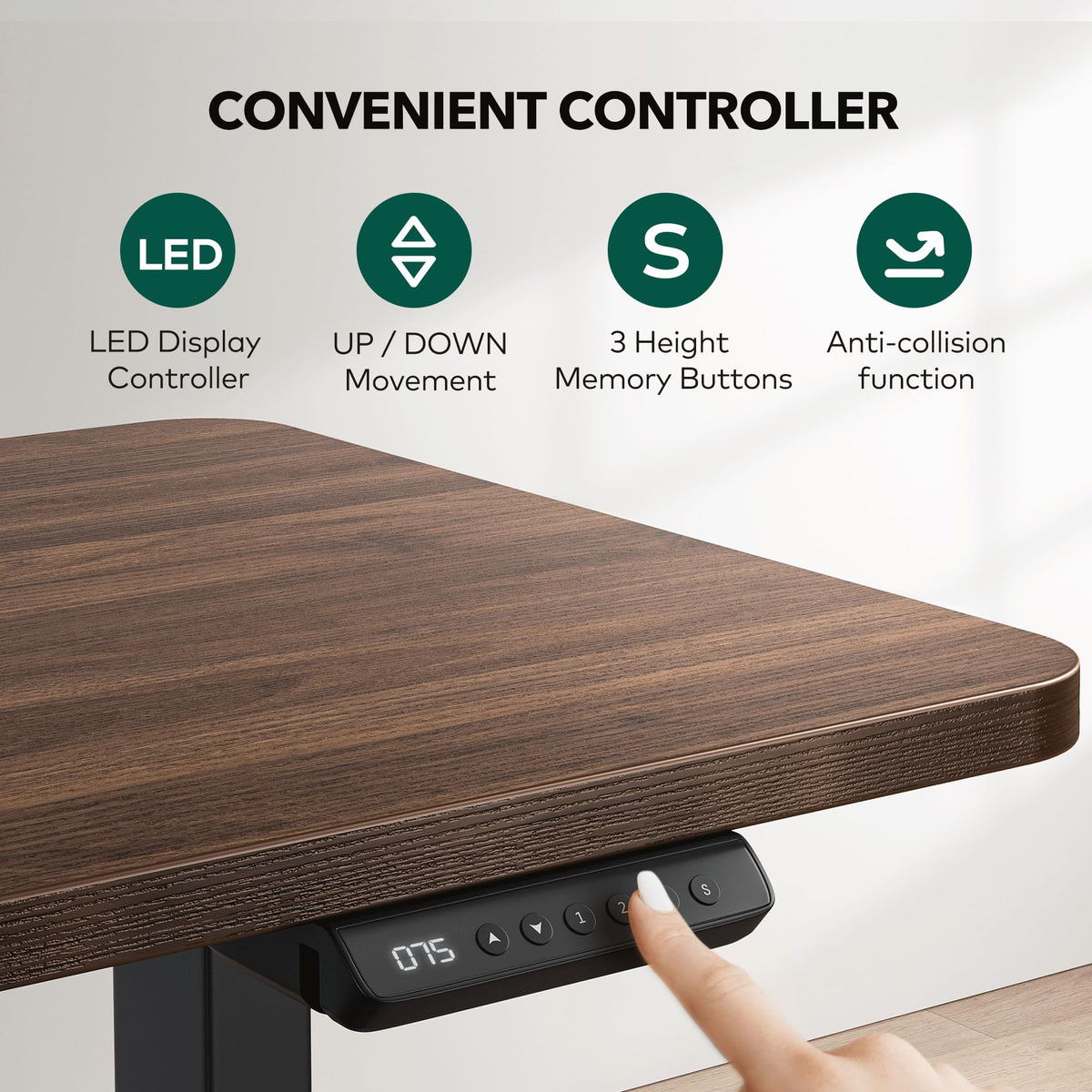 BANTI L-Shaped Standing Desk - 75 x 63 Inch Adjustable Corner Standing Desk with Charging Station - L Shape Sit Stand Table with Memory Controller, Splice Board for Home Office, Black Walnut