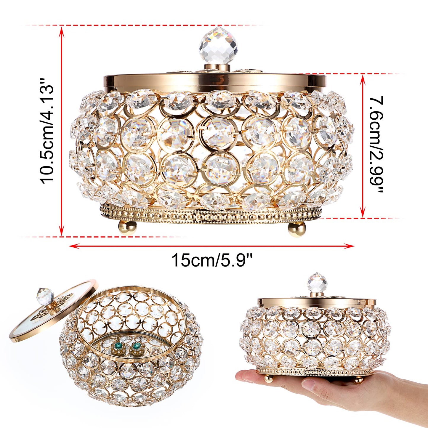 Hipiwe Crystal Jewelry Trinket Box with Glass Lid Large Gold Mirrored Treasure Box Decorative Jewelry Box Ring Earrings Necklace Storage Keepsake Box Gift for Women