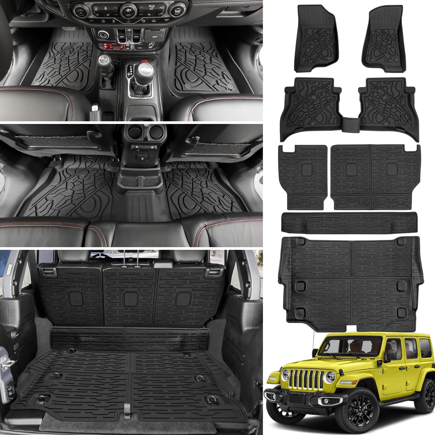 JTYZSM Cargo Mats for 2021-2024 2025 Jeep Wrangler JL 4XE Only,Floor Liners with Trunk Mat Backrest Mat All Weather TPE Protector Rear Floor Trunk Liners for 21-25 Wrangler JL 4XE 4 Door Accessories