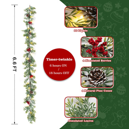 MINDELF 6 FT Artificial Christmas Garland, Faux Cypress Leaf Evergreen Garland with 20 LED Lights, Red Berries and Pinecones, Green-Yellow Leaves, Timer, Perfect for Indoor Outdoor Window Mantel