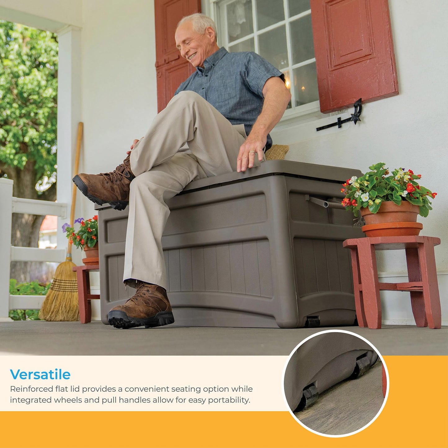 Suncast 73 Gallon Indoor/Outdoor Medium Deck Storage Box, 46"L x 23.62"W x 25.5"H, Stoney