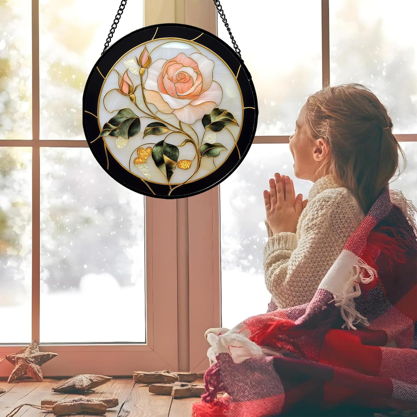 AMDERVEN Stained Glass Window Hanging - Black White Pink Rose Sun Catcher for Door Home Decor Flower Suncatcher Christmas Mother's Day Birthday Gifts for Women Men Lovers Mom Nana 9.8 in