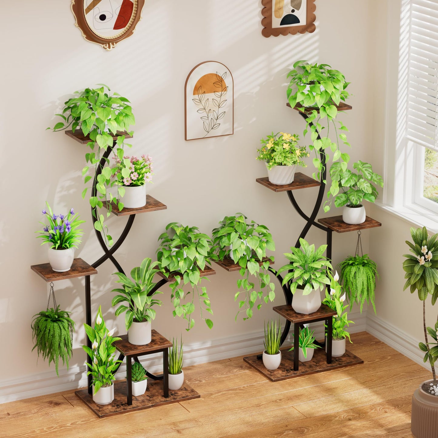 Plant Stand Indoor with Grow Lights, 6 Tiered Indoor Plant Shelf, 48'' Corner Plant Stands for Indoor Plants, Lighted S-Shaped Plant Rack, Tall Flower Holder Display for Living Room, Home (Black)