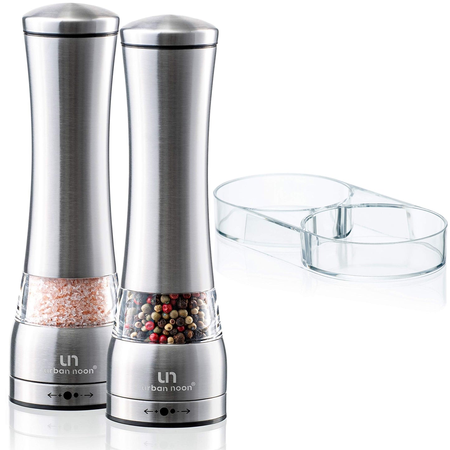 Salt and Pepper Grinder Set - Large Capacity Stainless Steel Pepper Grinder and Salt Grinder with Tray in Luxurious Gift-Box - Manual Mills with Ceramic Grinders and Adjustable Coarseness (Set of 2)