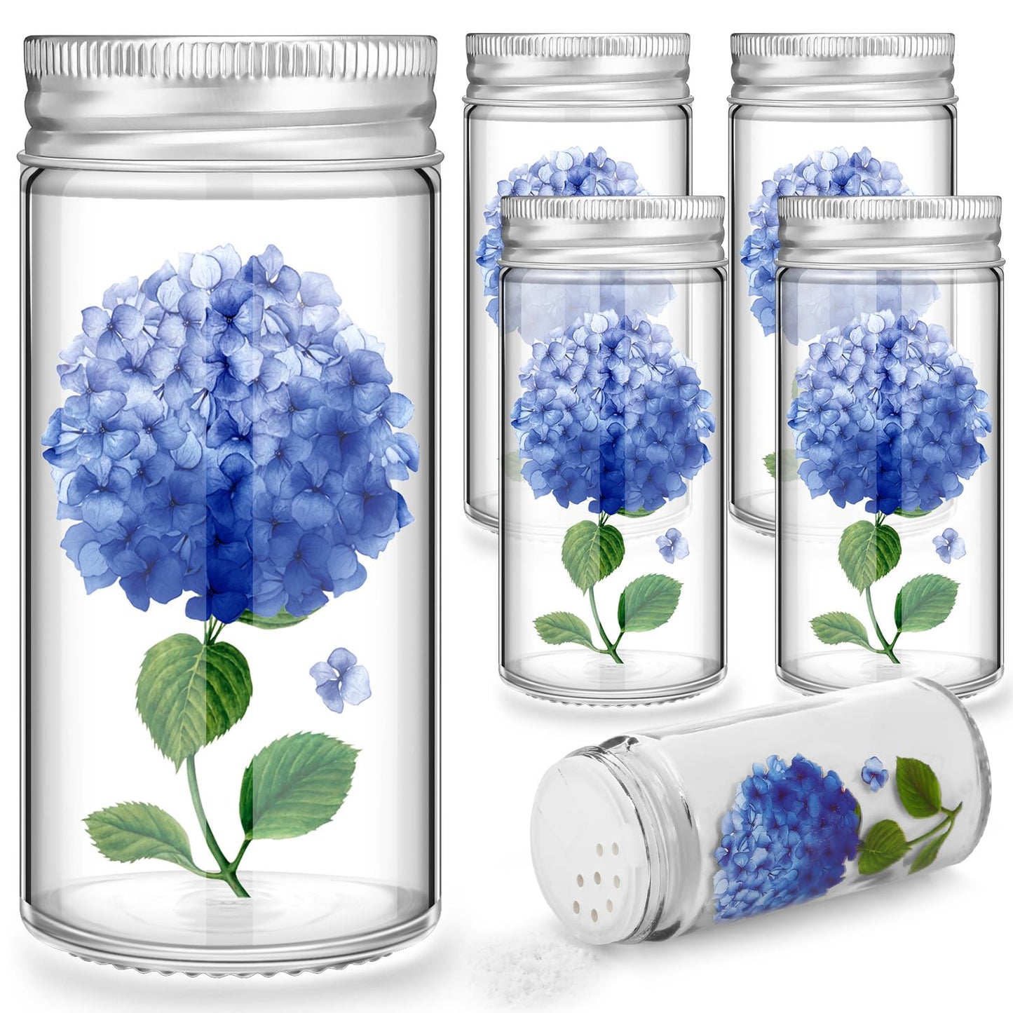 Uiifan 6 Pcs Hand Painted Salt Pepper Shakers Set Blue Hydrangeas Salt Glass Pepper Shakers Hand Painted Clear Christmas Gifts for Women Kitchen Wedding Home Decor