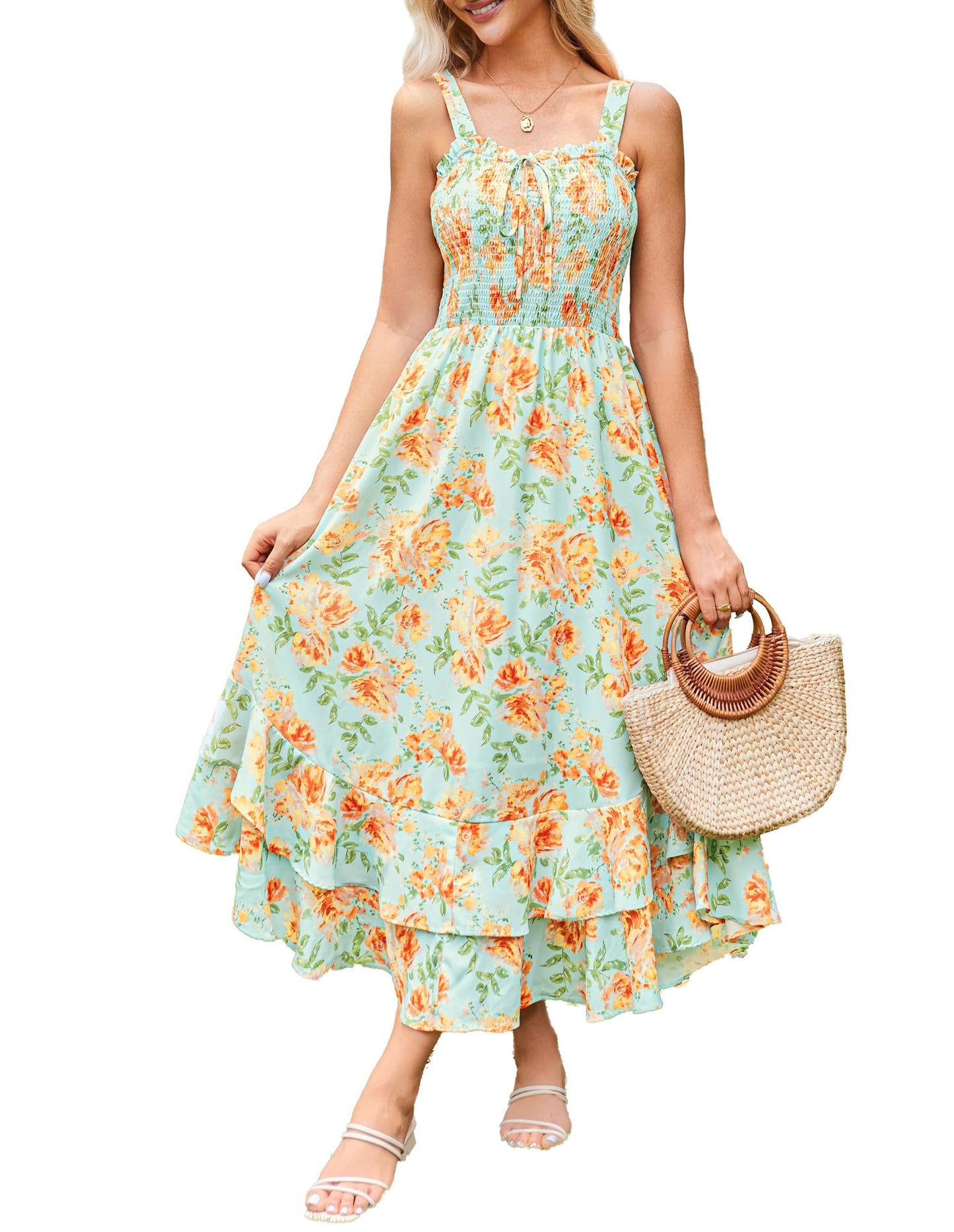 GRACE KARIN Women's 2025 Summer Floral Boho Dress Square Neck Strapped Swing A Line Sundress Beach Long Maxi Outfits